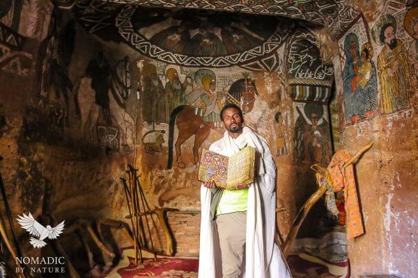 The Priest of Abuna Yemata Showing us a Goatskinned Bible in Written in Geez, Abuna Yemata, Ethiopia
